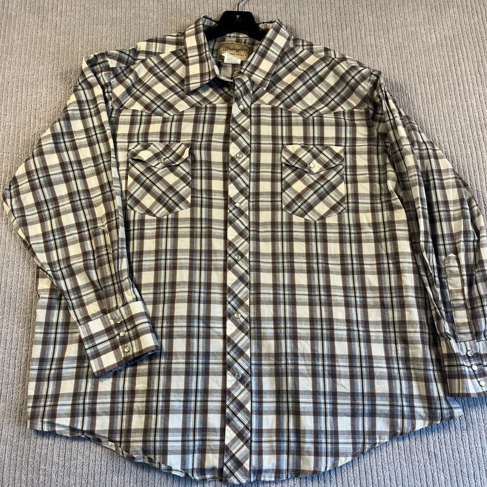 Wrangler‎ Pearl Snap Shirt Men's 2XL Beige Brown Plaid Untucked Long Sleeve